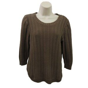 NY Collection Sweater Sz Large Brown Cable Knit Pullover 100% Cotton Curved Hem